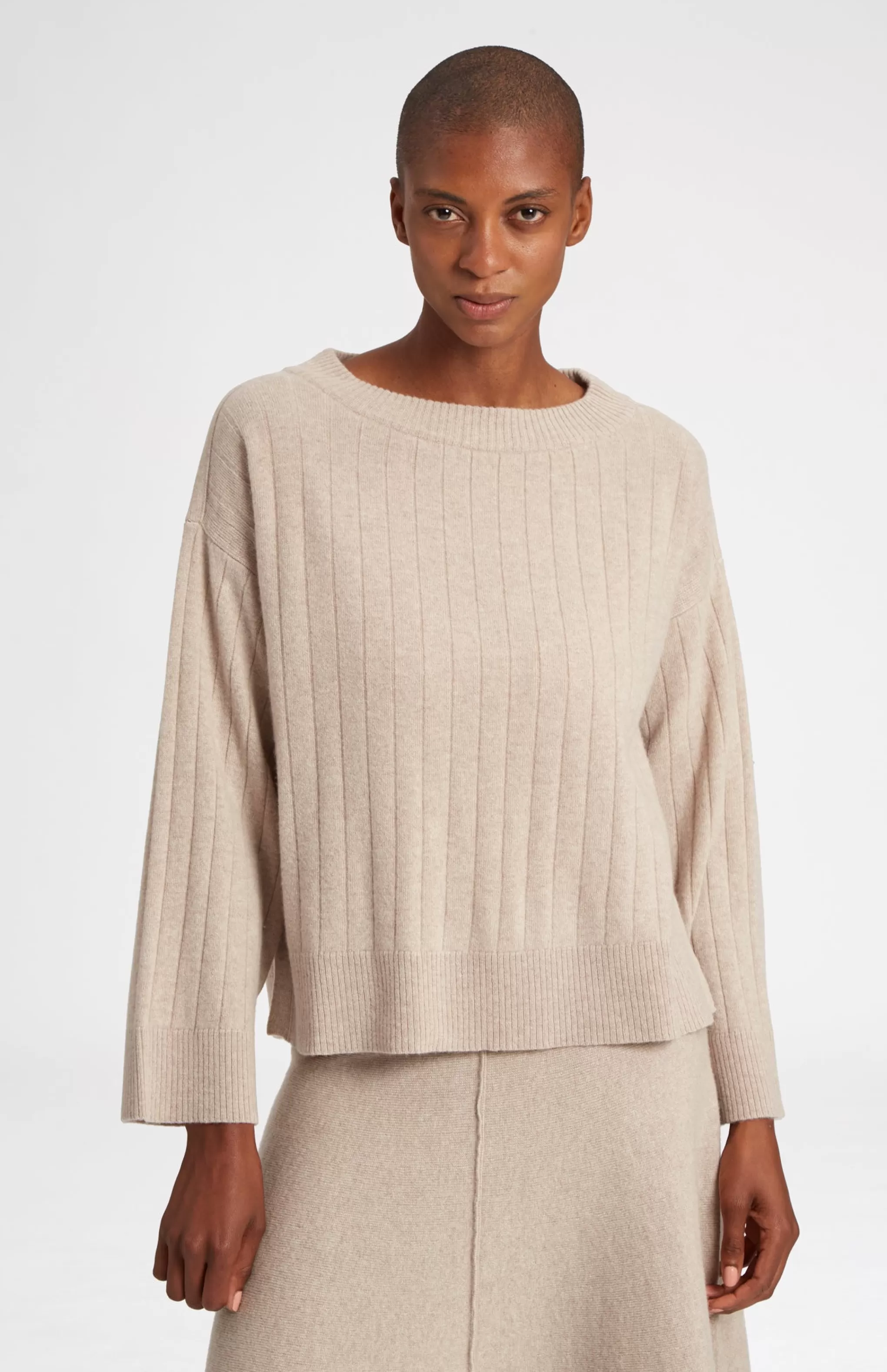 Store Wool Cashmere Blend Wide Neck Rib Jumper In Stone Melange Men/Women Round Neck Knits