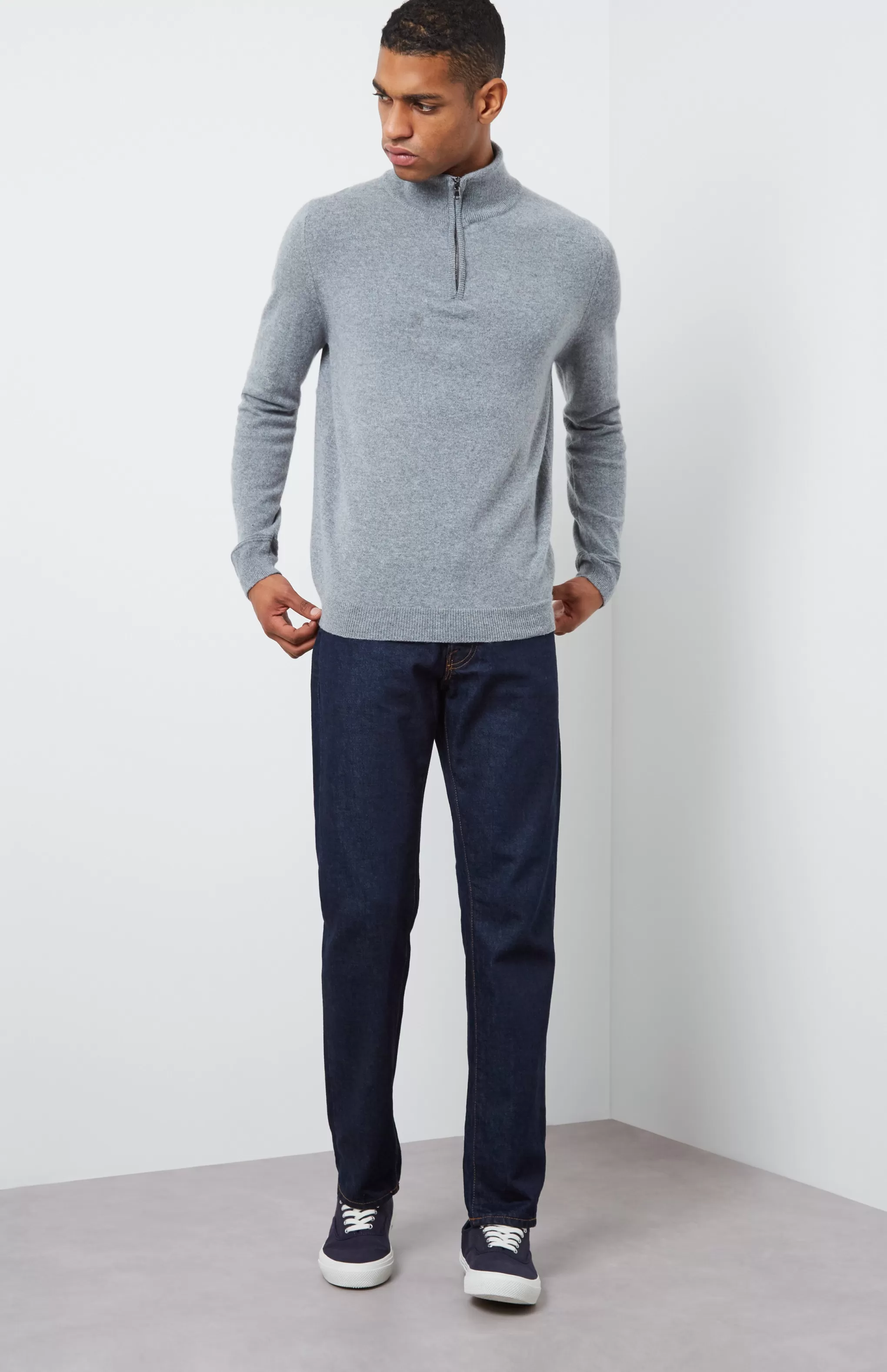 Clearance Zip Neck Cashmere Jumper In Flannel Grey Men Classic Cashmere
