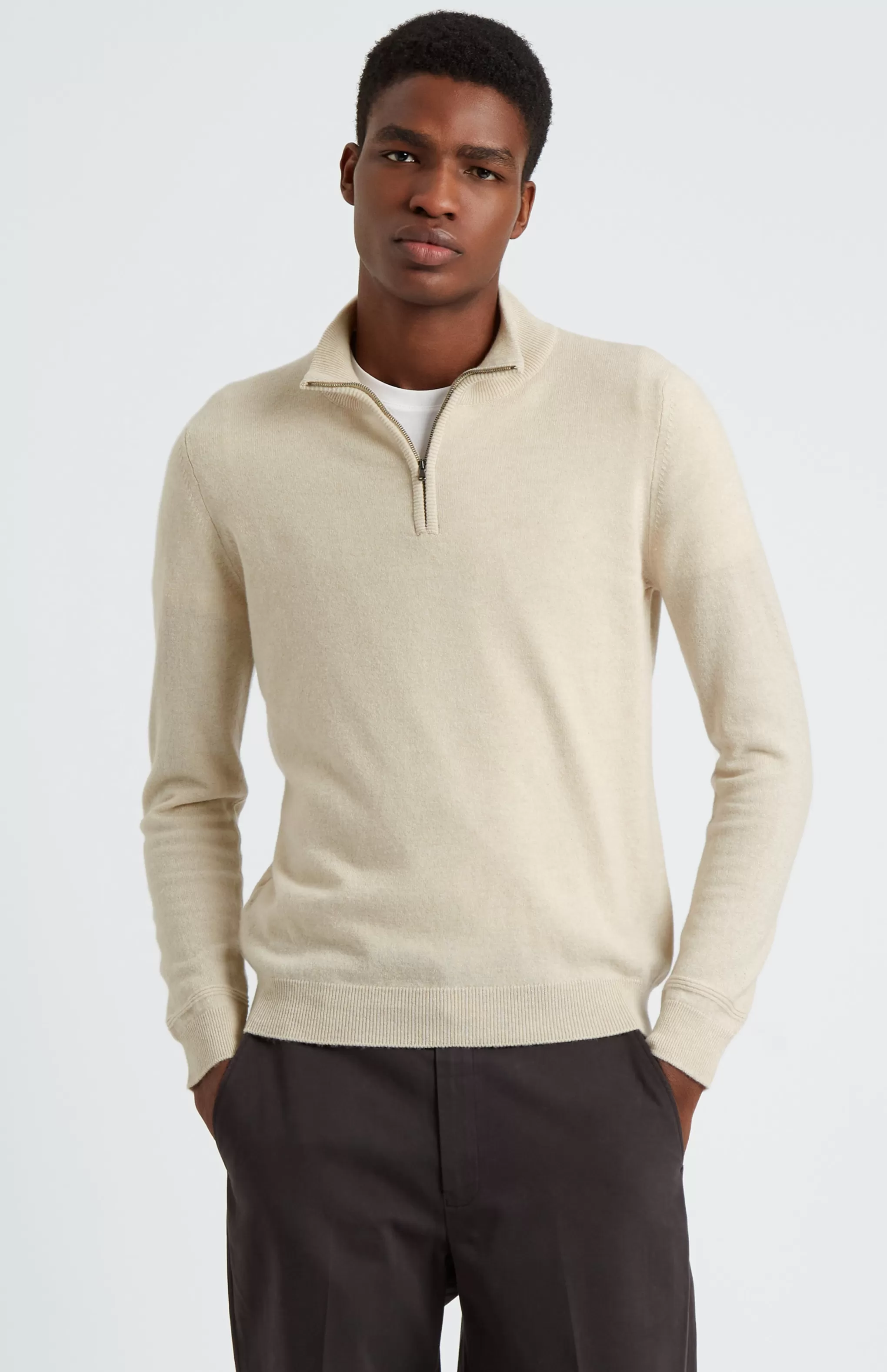 New Zip Neck Cashmere Jumper In Light Natural Men Made in Scotland